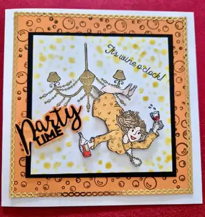 funny card with a lady hanging from a chandelier party time written and it's wine o'clock on it